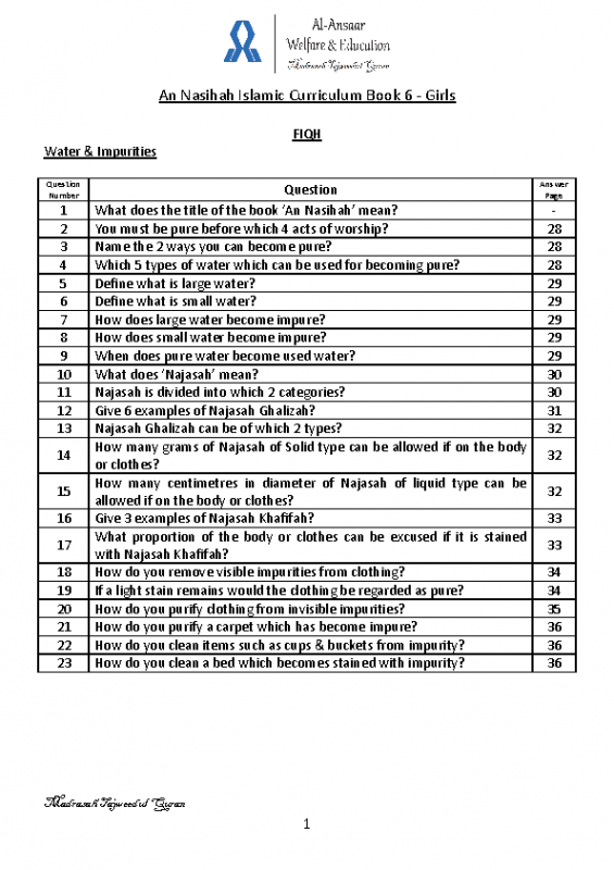 An Nasihah Book 6 Girls Revision Questions
