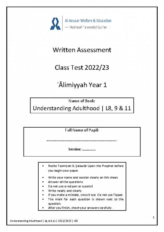 L8, 9 & 11 Class Test |  2022-23