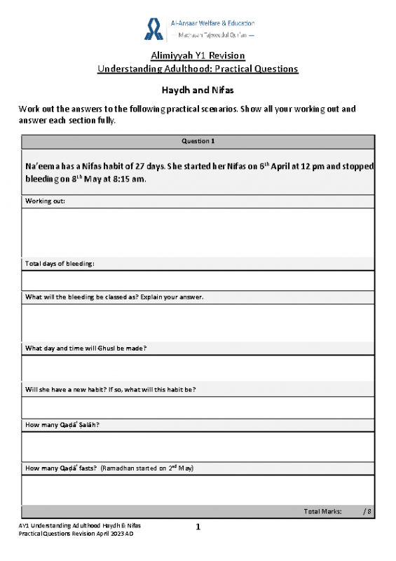 Nifas and Haidh Practical Questions